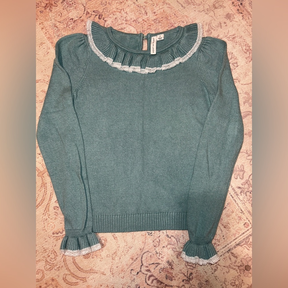 Janie and Jack Girls Teal Ruffle Collar Sweater Top (Size 10)